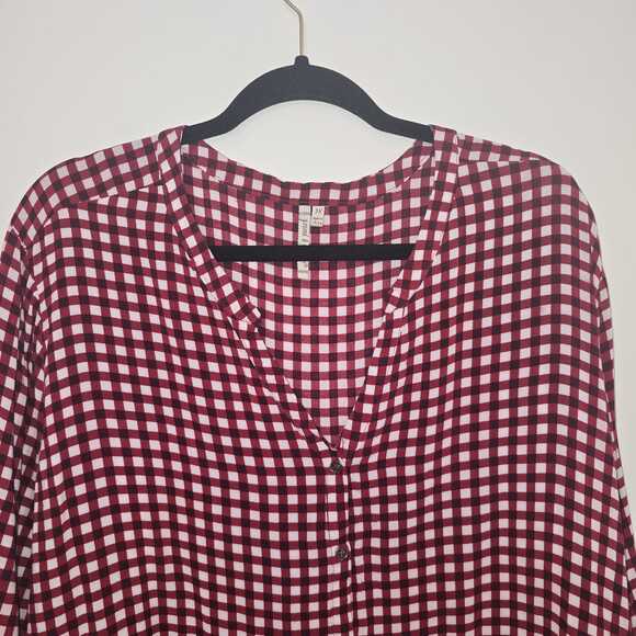 Red White Gingham Tunic Top Size 3X Plus Size V-Neck Popover Blouse Rayon - Picture 2 of 9